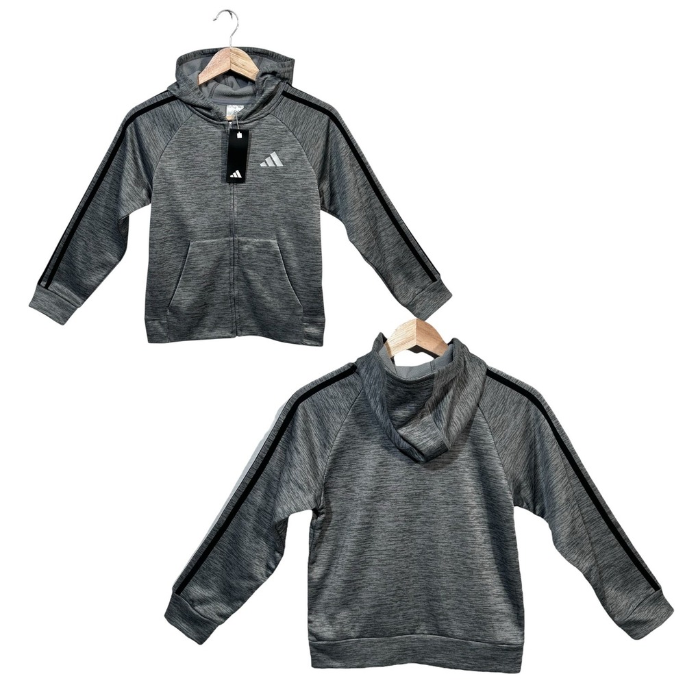 Adidas Boys Full Zip Fleece Hooded Track Jacket Sz M (10-12) Gray Black 3-Stripe